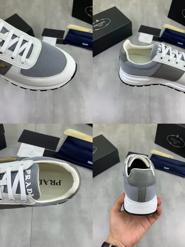 Prada White Gray Mesh And Leather Paneling Triangular Metal Logo Plaque Chunky Sneakers 2