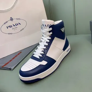 Prada White Navy High-Top Color-Blocked Leather Lifestyle Sneakers