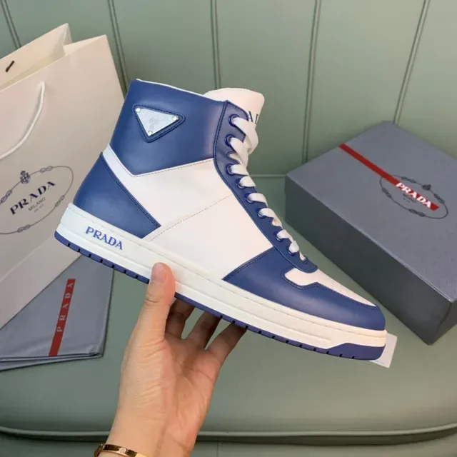 Prada Tênis Lifestyle de Couro Branco Navy High-Top Color-Blocked 4