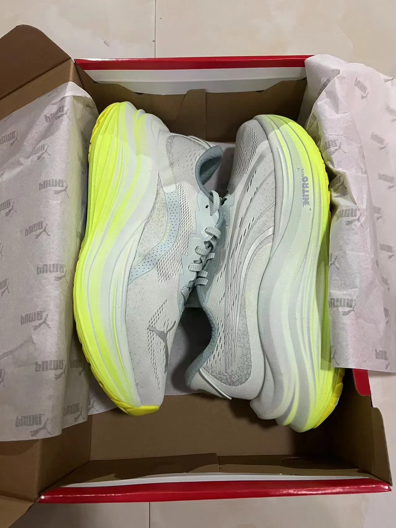 Puma Nitro Elite Gray Yellow Engineered Mesh Upper Sculpted Wave Midsole Running Shoes 9