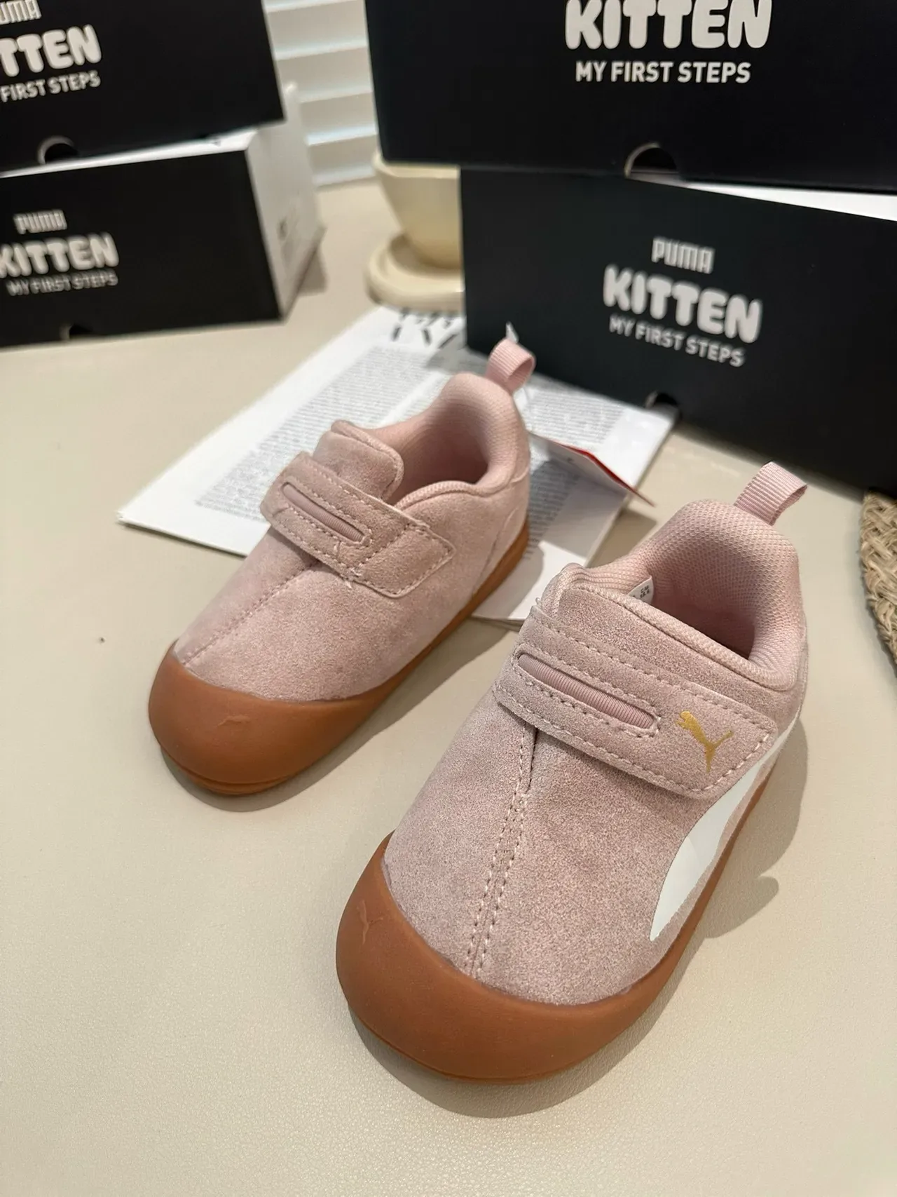 Puma Pink Beige Velcro Strap Closure Suede-Like Upper Lifestyle Sneakers 9