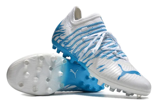 Puma White Blue Knitted Upper Dynamic Wave Graphics Firm-Ground Soccer Shoes 3