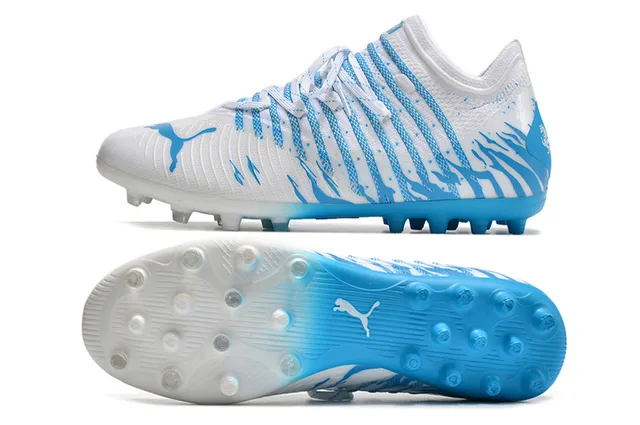 Puma White Blue Knitted Upper Dynamic Wave Graphics Firm-Ground Soccer Shoes 5