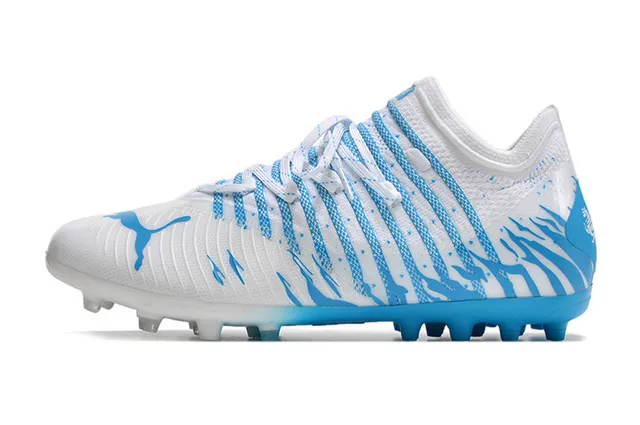 Puma White Blue Knitted Upper Dynamic Wave Graphics Firm-Ground Soccer Shoes 8