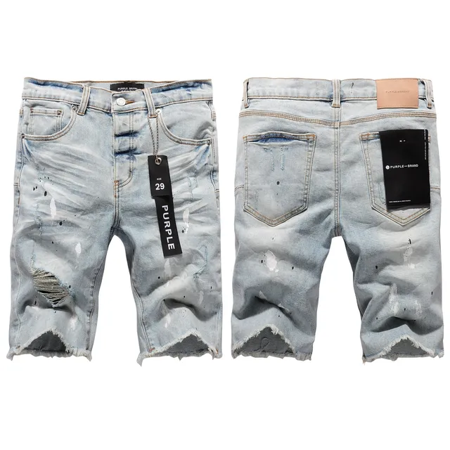 Purple Brand shorts de denim distressed con salpicaduras de pintura y lavado ligero 15