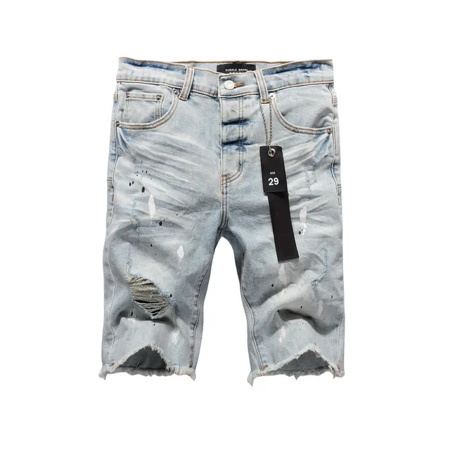 Purple Brand shorts de denim distressed con salpicaduras de pintura y lavado ligero 17