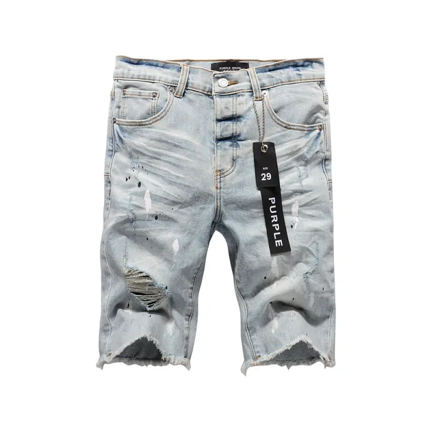 Purple Brand shorts de denim distressed con salpicaduras de pintura y lavado ligero 18