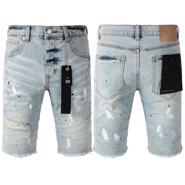 Purple Brand shorts de denim distressed con salpicaduras de pintura y lavado ligero 19