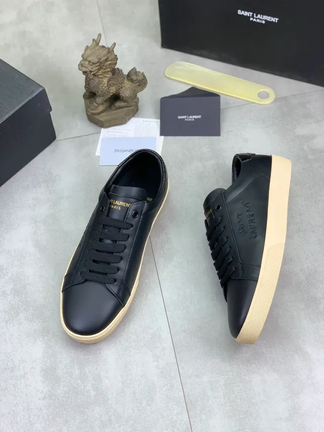 Saint Laurent কালো বেইজ লেদার আপার উল্লেখিত ব্র্যান্ডিং লাইফস্টাইল স্নিকার্স 5