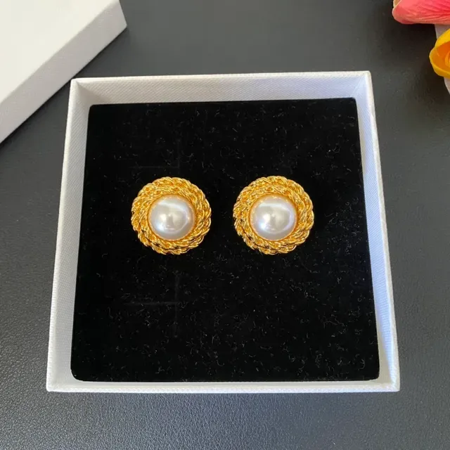 Saint Laurent Pendientes Stud Oro Trenzados de Perla 8