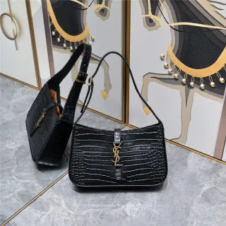 Saint Laurent Loulou Croc-Embossed Black Hobo Bag