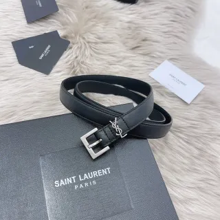 Saint Laurent Monogram Belt काला चांदी पतला आयताकार बकल चमड़ा बेल्ट