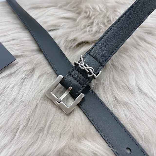 Saint Laurent Monogram Belt Black Silver Slim Rectangular Buckle Leather Belt 7