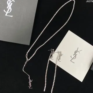 Saint Laurent Monogram Pavé Chain चांदी पारदर्शी क्रिस्टल YSL पेंडेंट नेकलेस