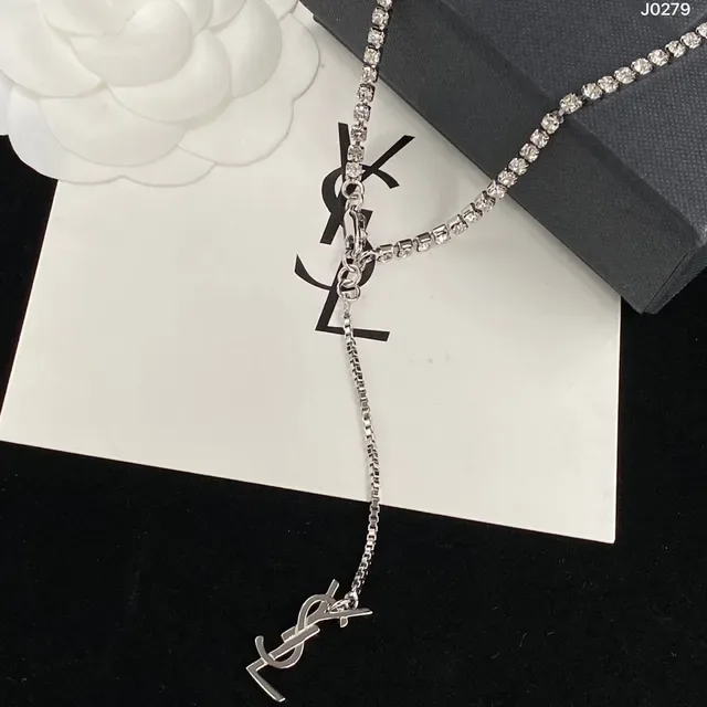 Saint Laurent Monogram Pavé Chain রূপালী স্বচ্ছ ক্রিস্টাল YSL পেন্ডেন্ট নেকলেস 7