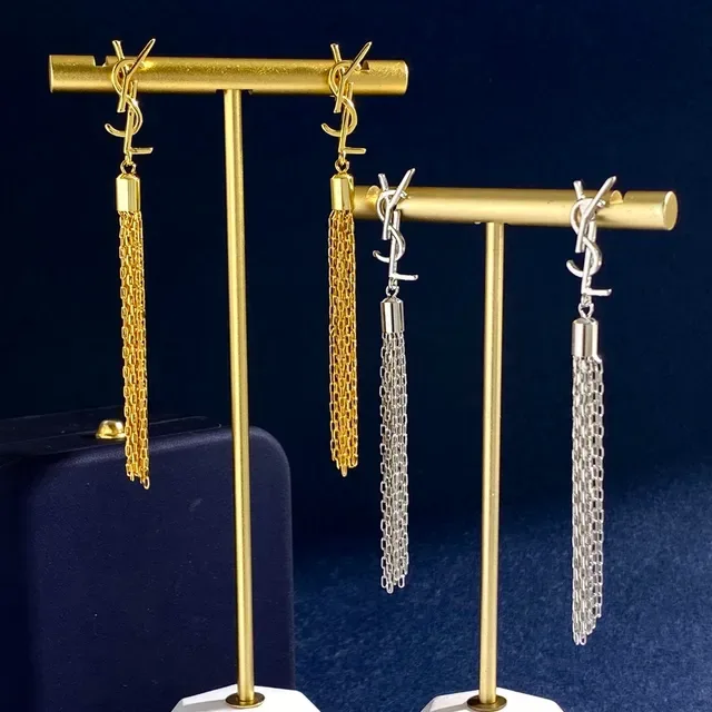 Saint Laurent Monogram Tassel Silver Gold Logo Chain Earrings 3