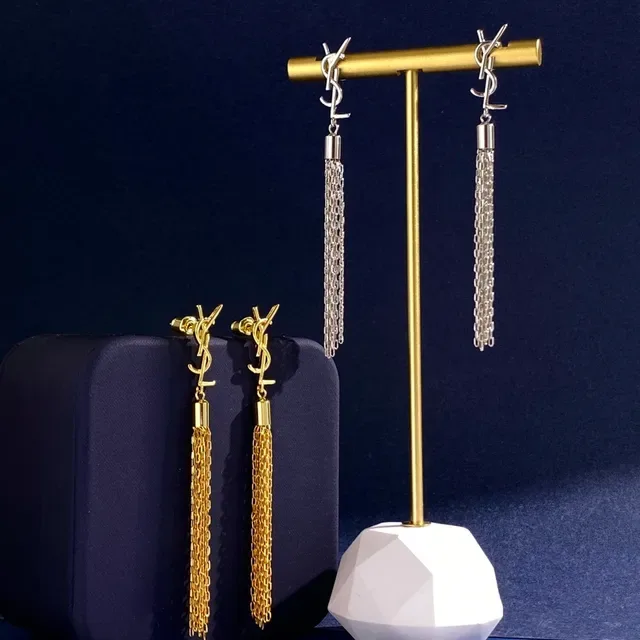 Saint Laurent Monogram Tassel Silver Gold Logo Chain Earrings 4