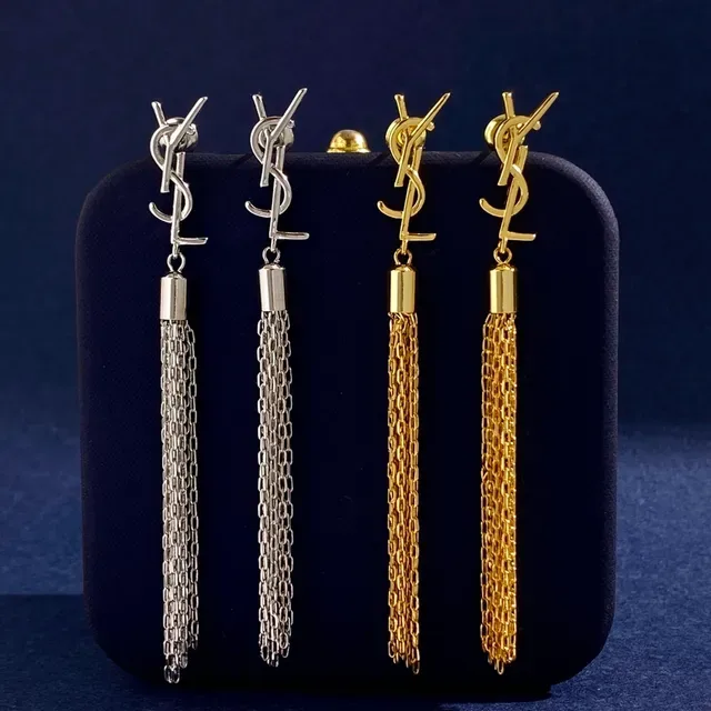 Saint Laurent Monogram Tassel Silver Gold Logo Chain Earrings 5