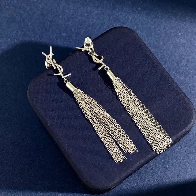 Saint Laurent Monogram Tassel Silver Gold Logo Chain Earrings 6