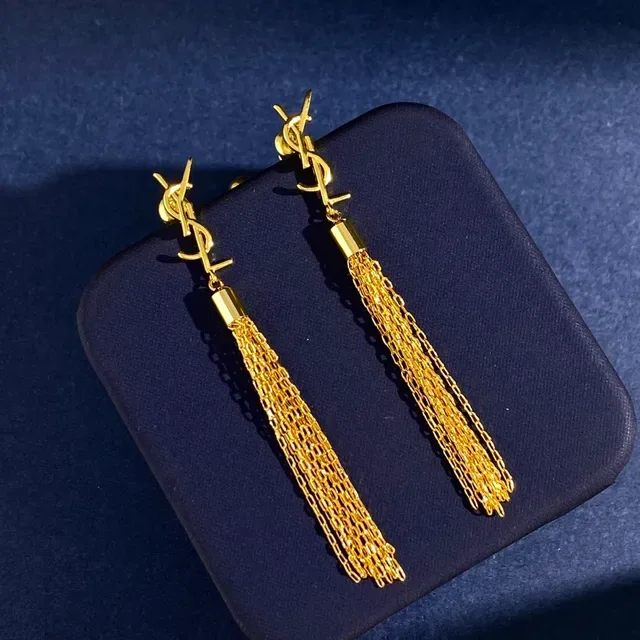 Saint Laurent Monogram Tassel Silver Gold Logo Chain Earrings 7