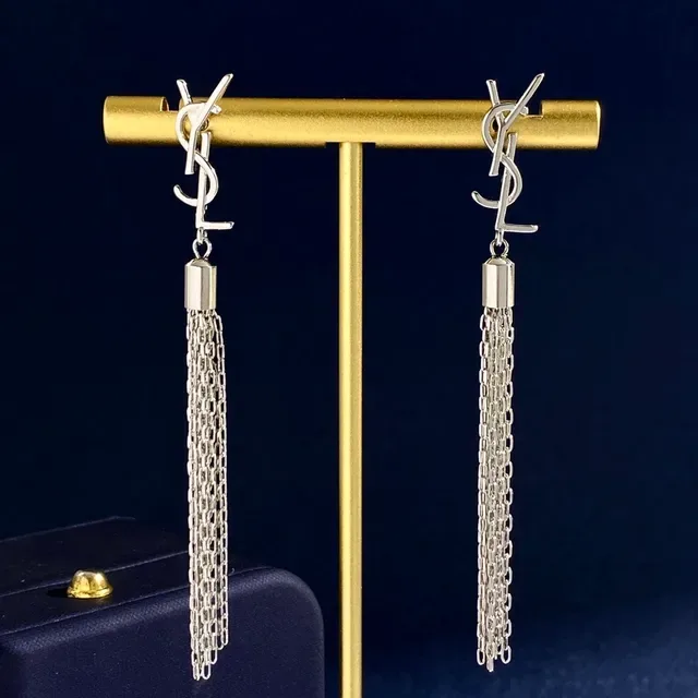 Saint Laurent Monogram Tassel Silver Gold Logo Chain Earrings 8