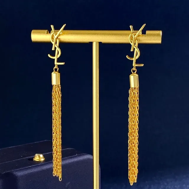 Saint Laurent Monogram Tassel Silver Gold Logo Chain Earrings 9