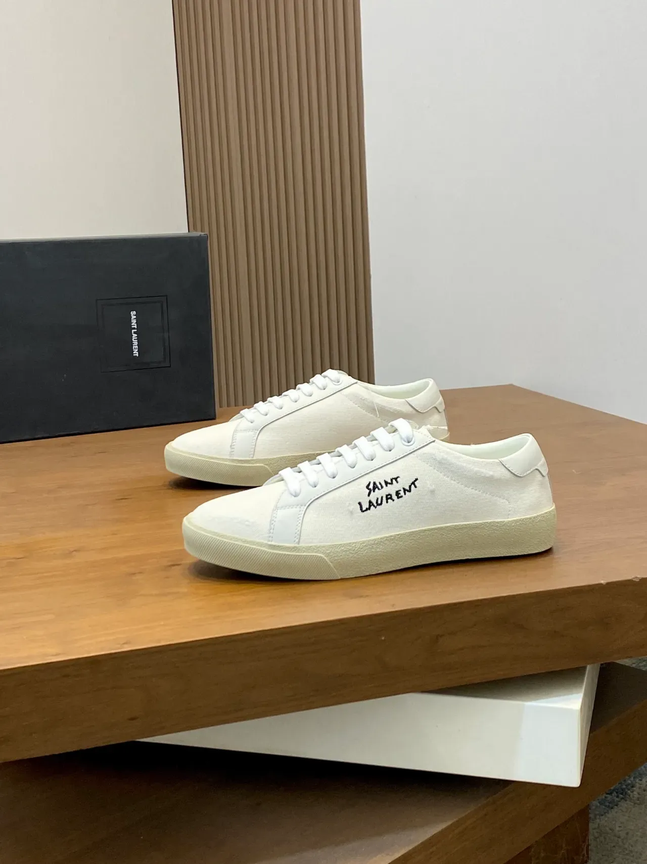 Saint Laurent White Beige Canvas Upper Embroidered Logo Lifestyle Sneakers 4