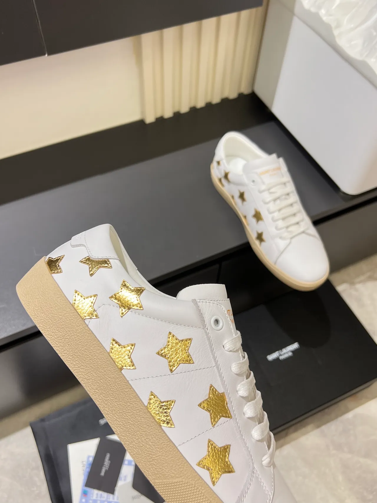 Saint Laurent Oro Blanco Cuero Estrella Apliques Estilo de Vida Zapatillas 3
