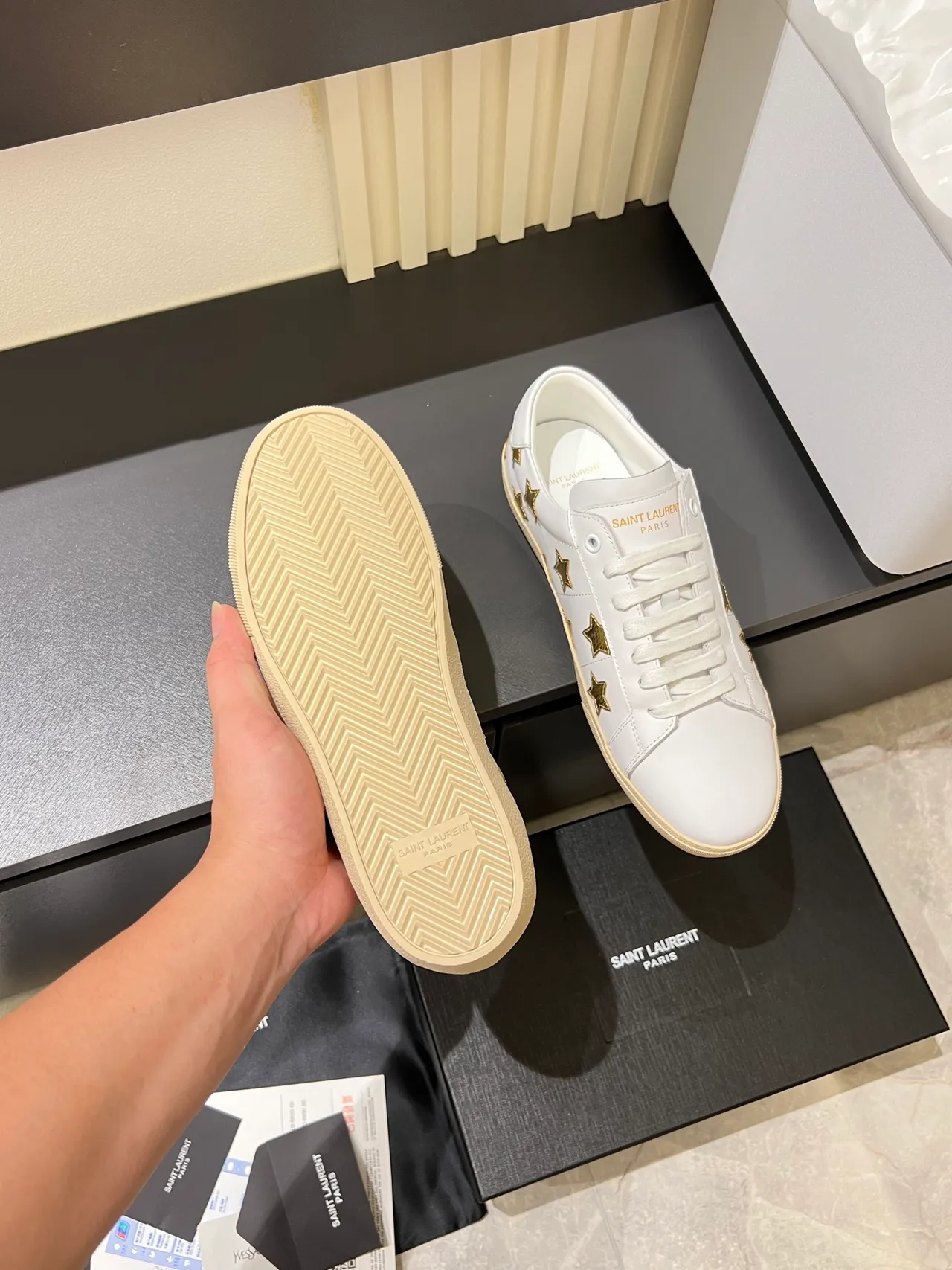 Saint Laurent Oro Blanco Cuero Estrella Apliques Estilo de Vida Zapatillas 4
