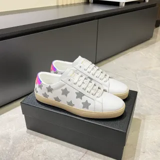 Saint Laurent सफेद चांदी चमड़े की ऊपरी सतह स्टार एप्लिके लाइफस्टाइल स्नीकर