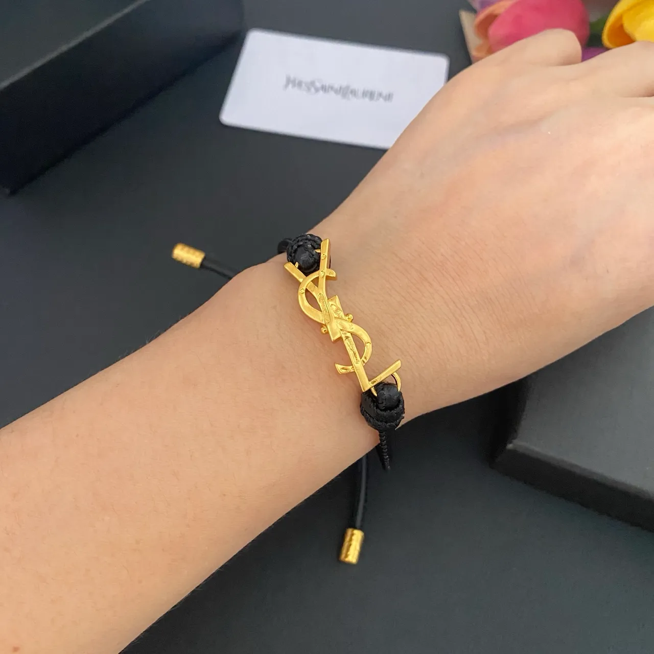 Saint Laurent YSL Monogram Black Brown Interlocking Charm Adjustable Cord Construction Bracelet 2