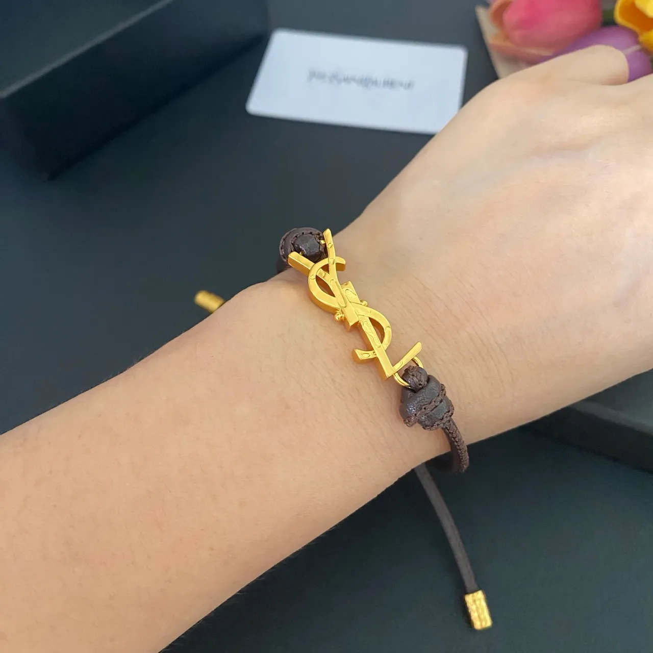 Saint Laurent YSL Monogram Black Brown Interlocking Charm Adjustable Cord Construction Bracelet 3