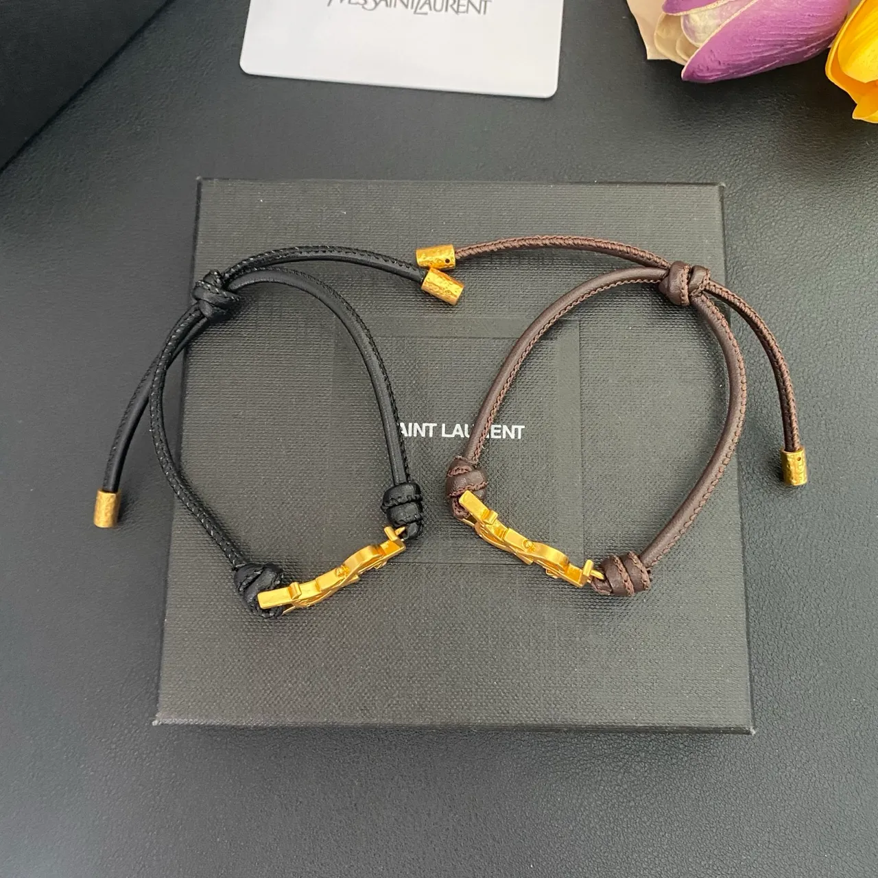 Saint Laurent YSL Monogram Black Brown Interlocking Charm Adjustable Cord Construction Bracelet 9