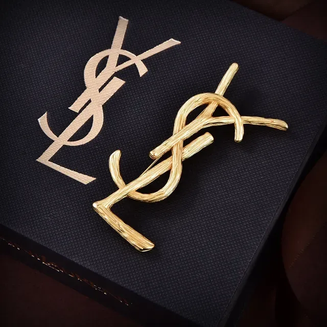Saint Laurent YSL Monogram Textured Gold-Tone Brooch 2