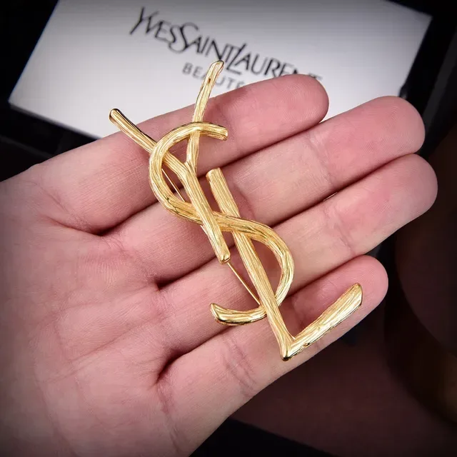 Saint Laurent YSL Monogram Textured Gold-Tone Brooch 3