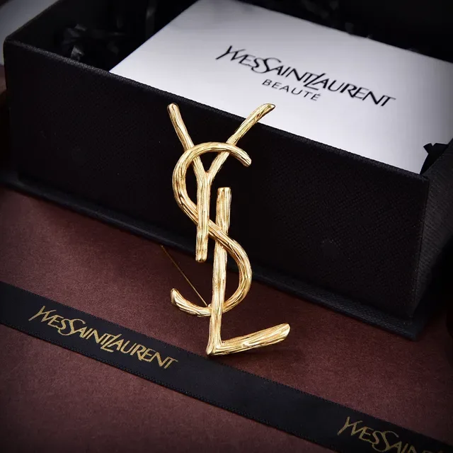 Saint Laurent YSL Monogram Textured Gold-Tone Brooch 4