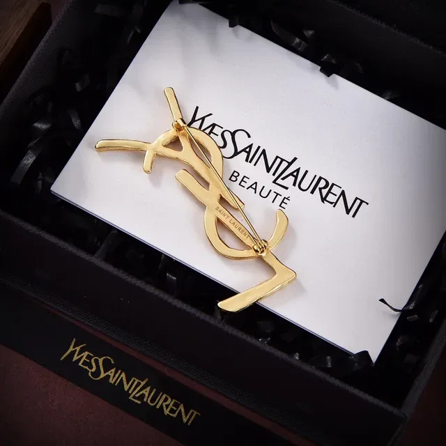 Saint Laurent YSL Monogram Textured Gold-Tone Brooch 5