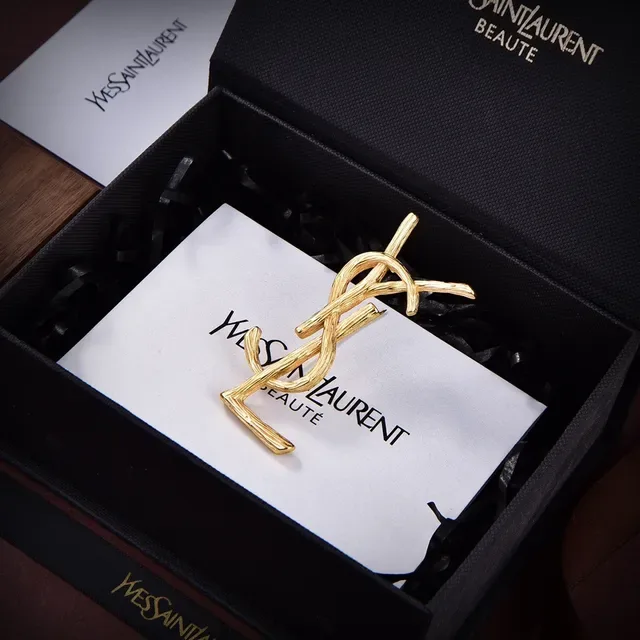 Saint Laurent YSL Monogram Textured Gold-Tone Brooch 6