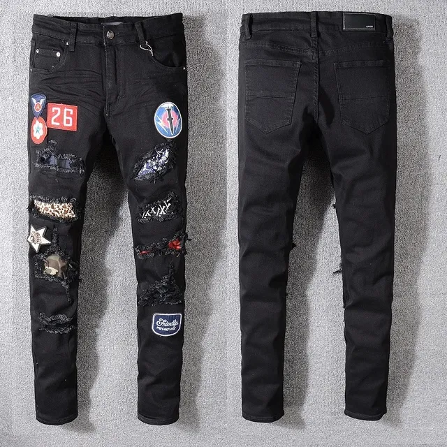 Stussy جينز أسود متعدد الألوان ممزق بقماش مقسم 1