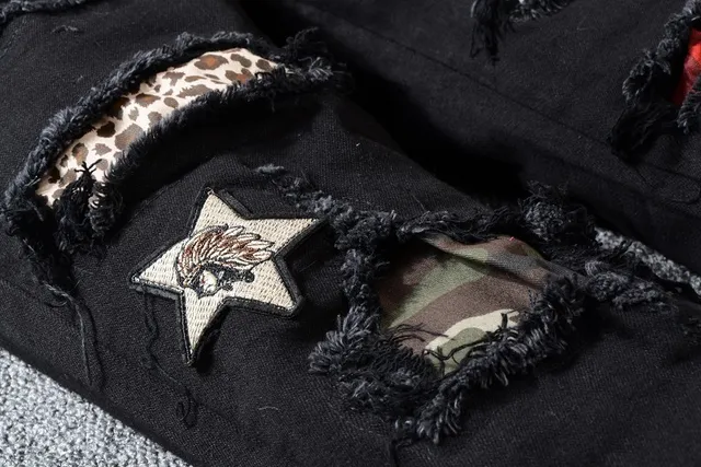 Stussy جينز أسود متعدد الألوان ممزق بقماش مقسم 7