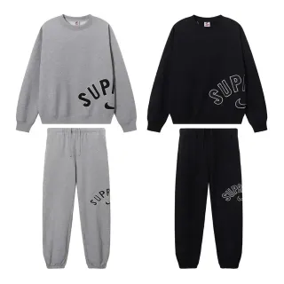 Supreme Arched Logo Gray Black Crewneck Sweatshirt Elastic-Cuff Joggers Tracksuit