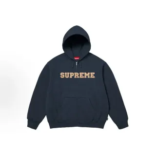 Supreme Box Logo Navy Beige Full-Zip Kangaroo Pocket Hoodie
