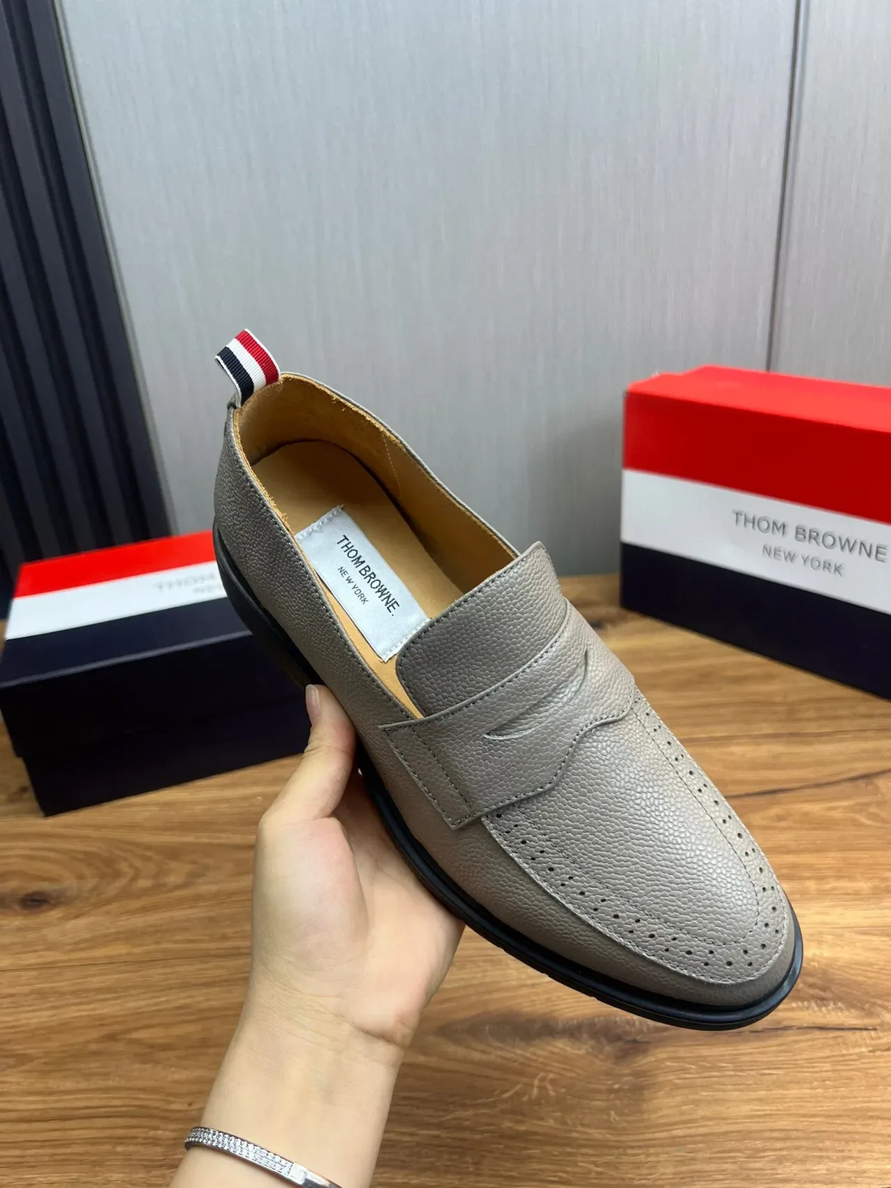 Thom Browne Gray Black Pebbled Leather Penny Strap Loafer 6
