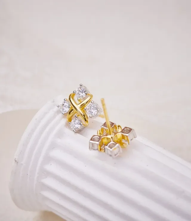 Tiffany & Co. সোনালী সাদা X-আকৃতির মোটিফ চারটি গোল পাথরের কানের দুল 6
