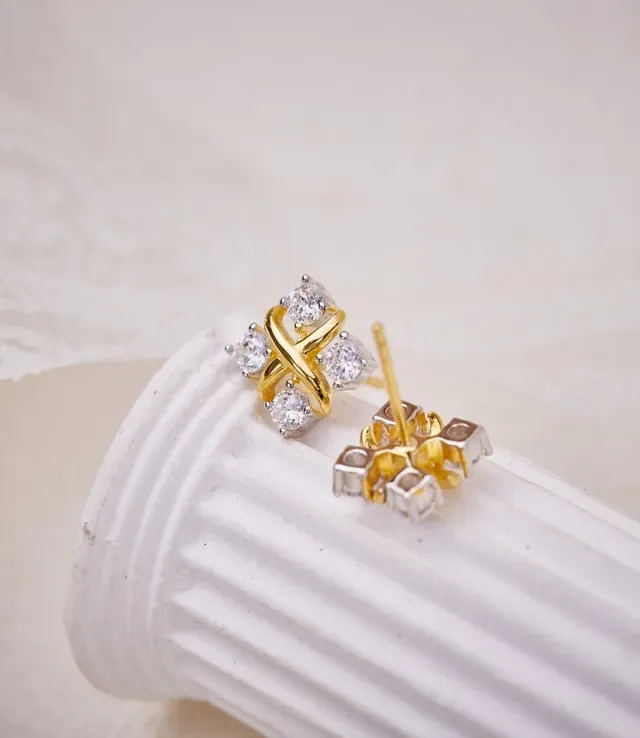Tiffany & Co. সোনালী সাদা X-আকৃতির মোটিফ চারটি গোল পাথরের কানের দুল 8