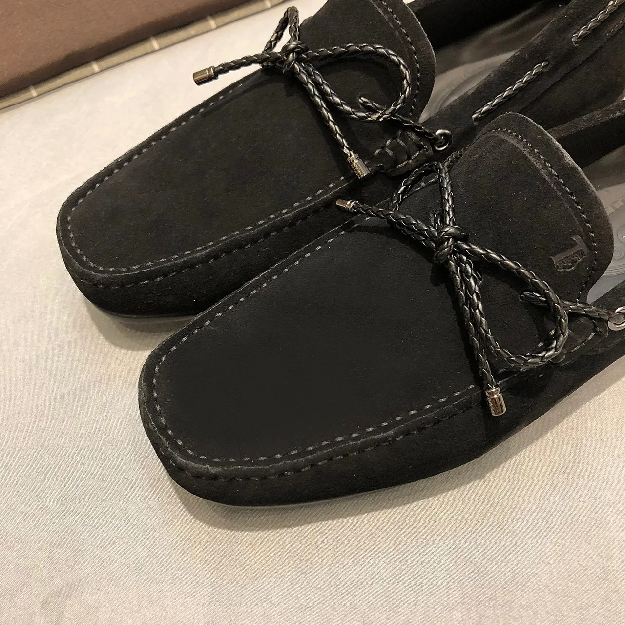 Tod's Gommino Black Silver Suede Upper Knotted Leather Strap Loafer 5