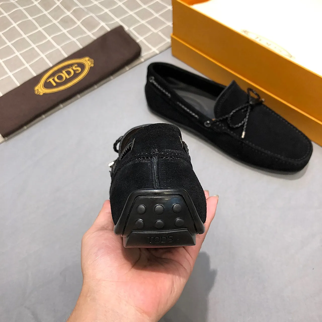Tod's Gommino Black Silver Suede Upper Knotted Leather Strap Loafer 6