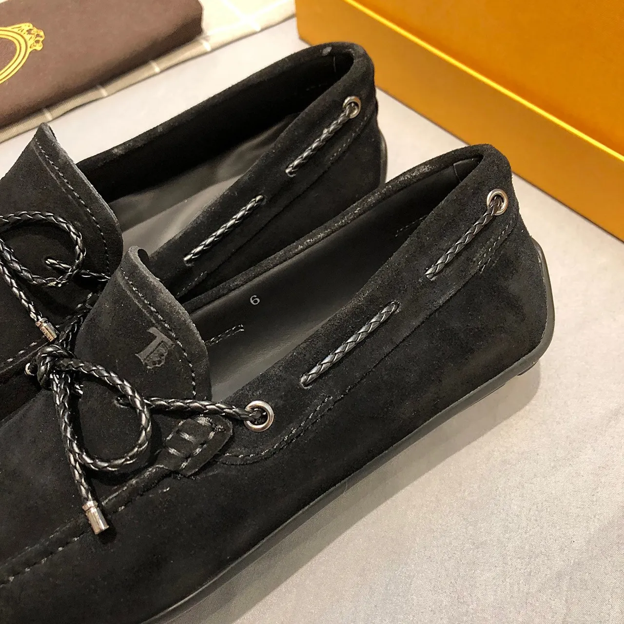 Tod's Gommino Black Silver Suede Upper Knotted Leather Strap Loafer 7