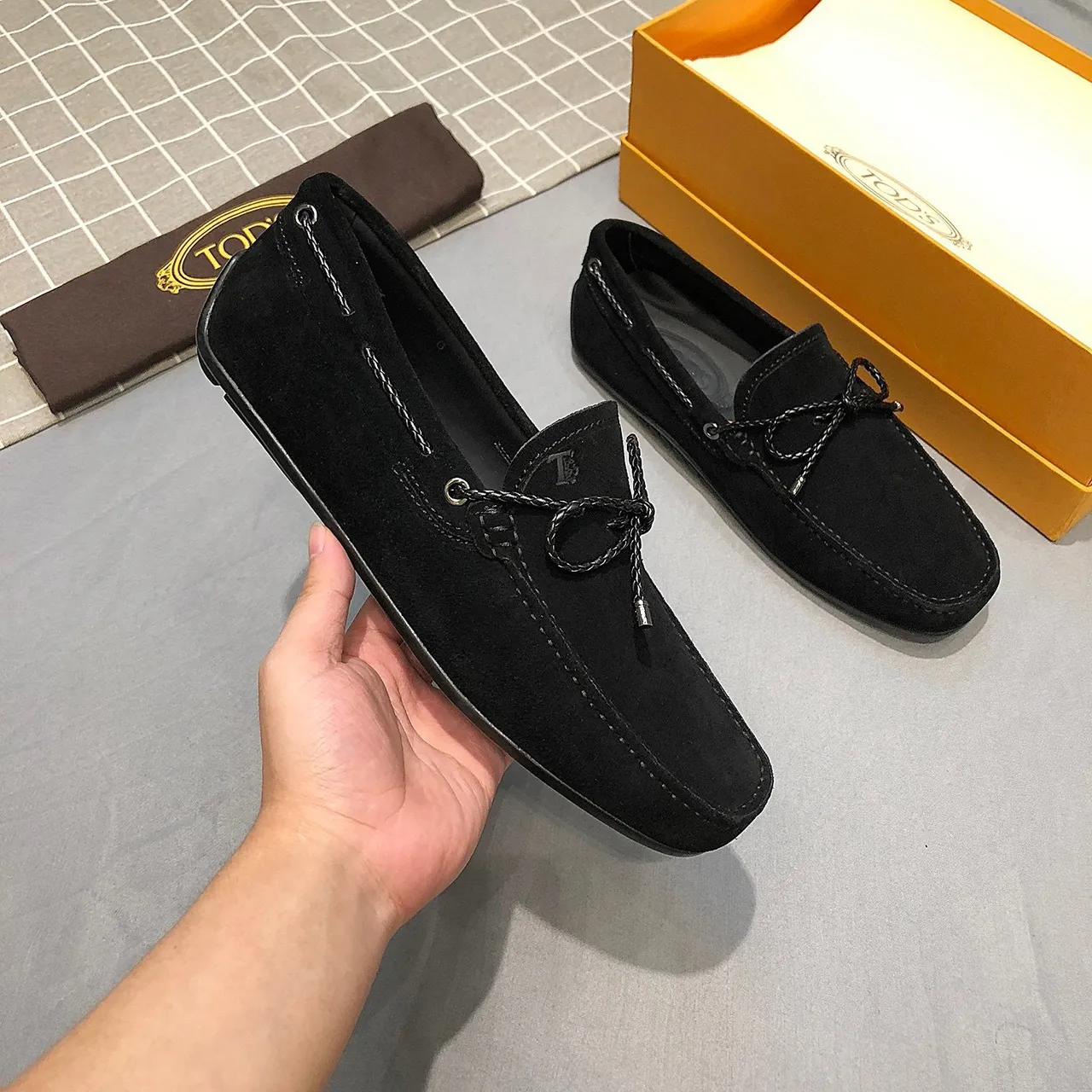Tod's Gommino Black Silver Suede Upper Knotted Leather Strap Loafer 9