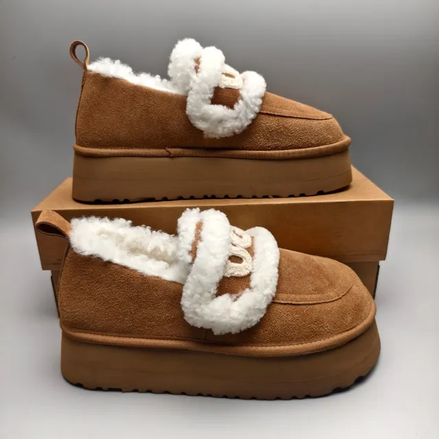 UGG Brown White Shearling-Trimmed Platform Sole Loafer 5